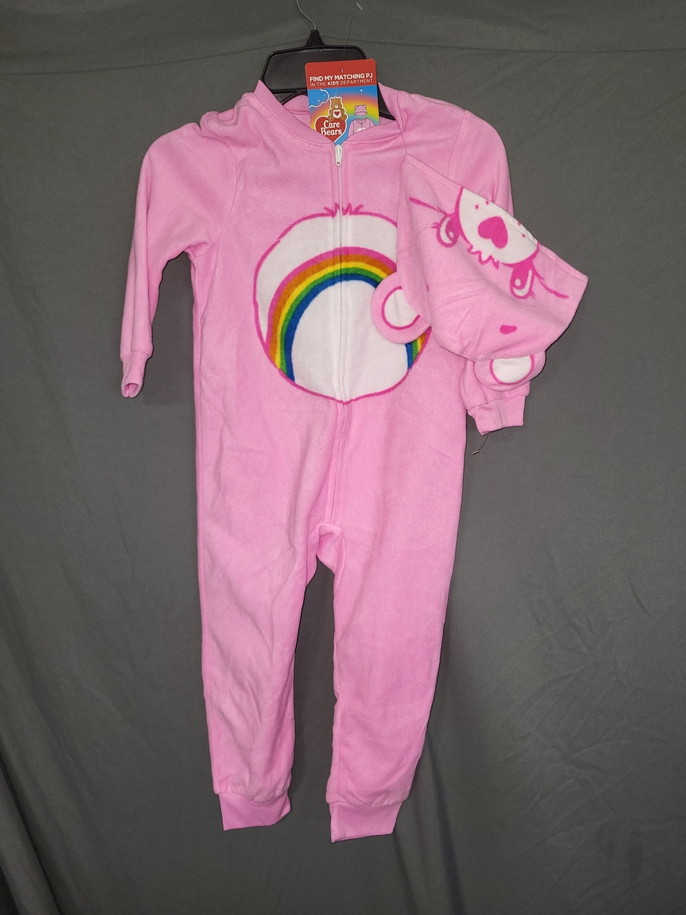 Nwt Girls Size 3T Rainbow Bear Care Bears Pink One-Piece Pajamas With Hat